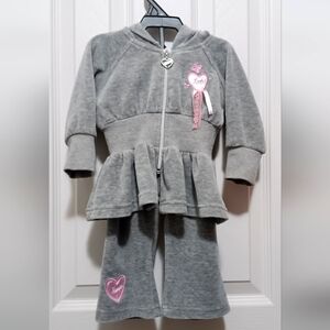Vintage Grey XOXO Velour jacket & pants set w/pink heart & lace /Size: 6/9 month